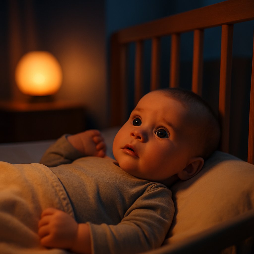 Vier Monate altes Baby liegt wach im Bett und blickt aufmerksam – typische Szene bei Schlafproblemen in der Entwicklung