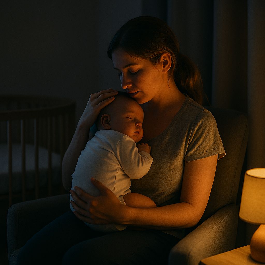 Mutter hält ihr unruhiges Baby nachts im Arm – einfühlsamer Moment während der Schlafregression