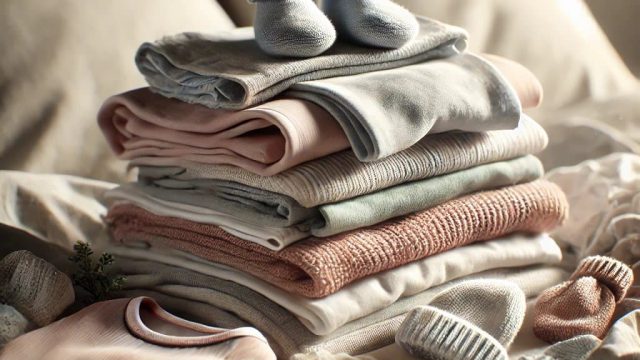 Gestapelte Baby-Wäsche in sanften Pastelltönen mit kleinen Babyschuhen auf einem gemütlichen Bett.