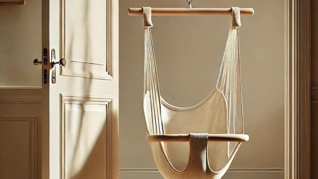 Baby_hammock_swing_compressed Baby-Hängesitz aus Baumwolle, an der Decke befestigt, in einem stilvoll eingerichteten Raum mit Holzboden