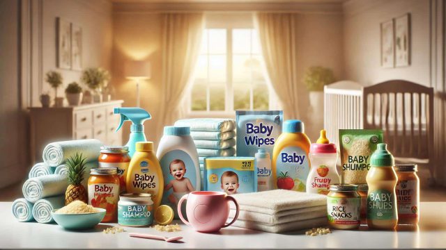 Baby_product_display_web_optimized Verschiedene Babyprodukte wie Feuchttücher, Shampoo, Babybrei und Windeln auf einem Tisch in einem gemütlichen Kinderzimmer
