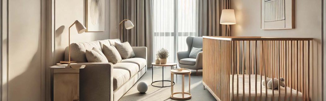 Modern eingerichtetes Wohnzimmer mit Babybett aus Holz, einem gemütlichen Sofa und stilvollen Lampen in warmen Naturtönen.