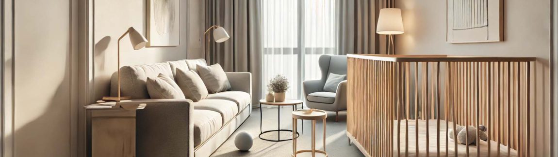 Modern eingerichtetes Wohnzimmer mit Babybett aus Holz, einem gemütlichen Sofa und stilvollen Lampen in warmen Naturtönen.