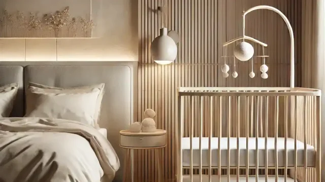 DALL·E 2025-01-17 14.14.39 - A hyperrealistic image of a cozy bedroom featuring a bedside crib next to a parent's bed. The room has a soft, warm ambiance with neutral-toned beddin