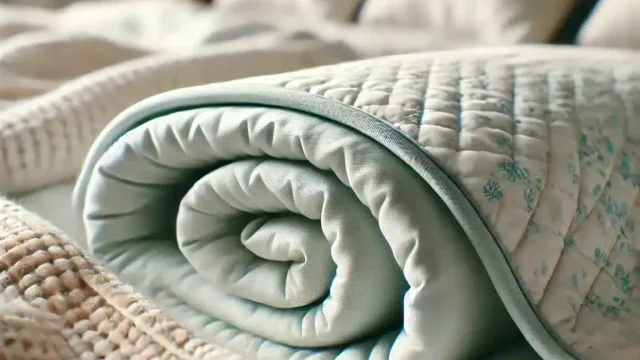 DALL·E 2025-01-17 14.16.39 – A hyperrealistic close-up image of a folded baby sleeping bag placed on a neatly made bed. The sleeping bag is soft and padded, in a pastel color with Weiche, gerollte Babydecke auf einem Bett mit zarten Mustern und warmen Farben.