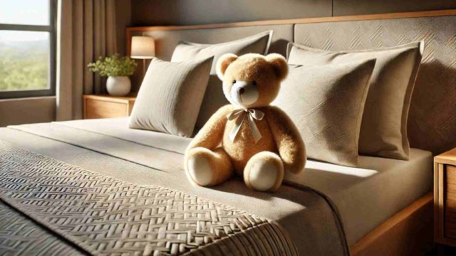 Teddybär mit Schleife sitzt auf einem stilvoll hergerichteten Bett mit weichen Kissen und Tagesdecke.